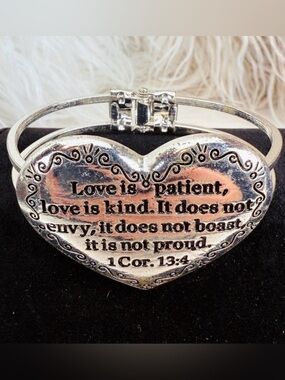 Silvertone Heart Cuff Bracelet with Inspirational Quote